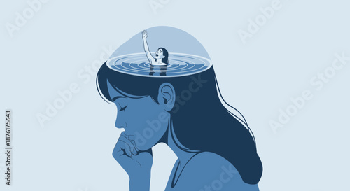Conceptual illustration of a woman with a swimming pool in her head, representing overthinking or being overwhelmed by thoughts.