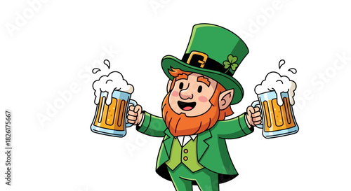 Festive Leprechaun Celebrating with Beer Mugs for St