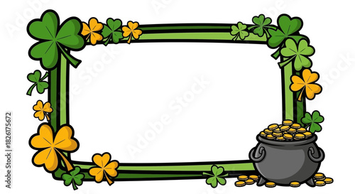 Festive rectangular border frame adorned with vibrant green three-leaf clovers and a classic pot of gold coins, symbolizing luck and prosperity
