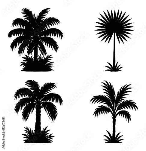 Various palm tree silhouettes on green background