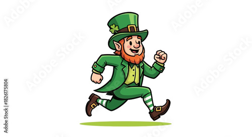Cute leprechaun running with a clover hat, wearing green suit and orange beard, cartoon style illustration for St