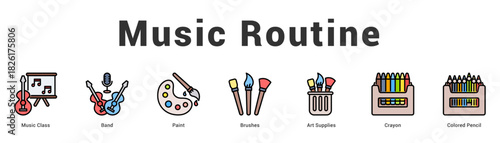 Music Routine Modern and clean web banner illustration featuring thematic icons for visual communication