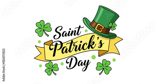 Festive graphic design celebrating Saint Patrick's Day with a lucky green leprechaun hat, a decorative banner, and cheerful shamrocks, ideal for holiday themes and spring events