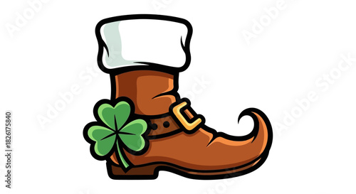 An illustrated brown leprechaun boot with a golden buckle and a lucky shamrock for St