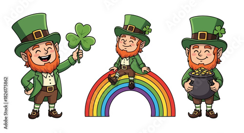 Happy St. Patrick's Day illustrations featuring lucky leprechauns with shamrocks, rainbows, and pots of gold