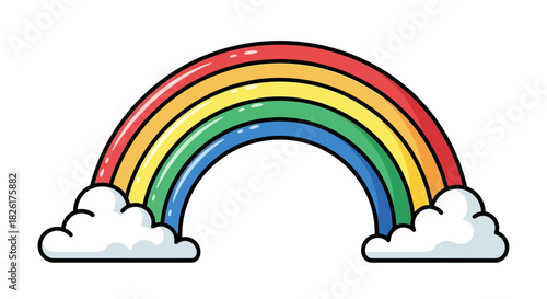Colorful cartoon rainbow arc with clouds on a white background. A vibrant vector illustration symbolizing hope, luck, and joy