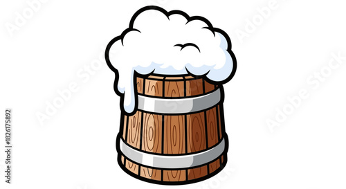 A vintage style wooden mug overflowing with bubbly beer foam, isolated cartoon vector art illustration