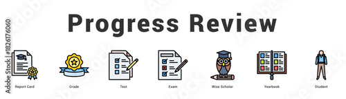Progress Review Modern and clean web banner illustration featuring thematic icons for visual communication