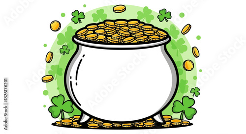 Pot of Gold overflowing with coins surrounded by shamrocks and falling gold coins on a green background, perfect for St. Patrick's Day celebrations
