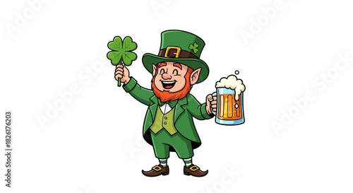 A cheerful leprechaun raises a lucky four-leaf clover and a frothy pint of beer, celebrating the Irish spirit