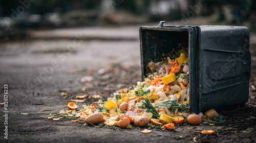 Overflowing black trash bin spills organic waste including fruits, vegetables, and eggs onto a dirty pavement, highlighting environmental issues and food waste concerns
