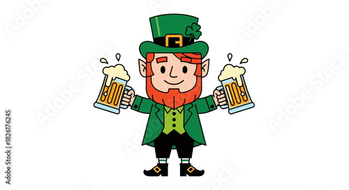 Cheerful Cartoon Leprechaun Character Holding Two Frothy Beer Mugs - A Festive Irish Celebration Vector Illustration