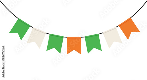 Festive bunting banner with Irish flag colors hanging on a string, perfect for St. Patrick's Day celebrations. Vector illustration isolated on a white background