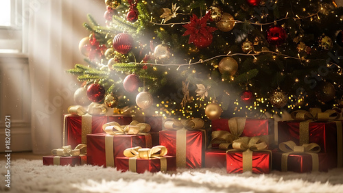 Festive holiday scene with glowing presents under the Christmas tree, bathed in warm, ethereal light from a window