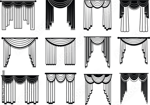 Collection of elegant draped window curtains and valances in black and white line art style