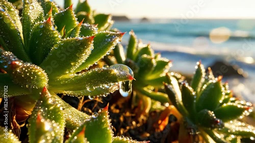 Dew-covered succulent plants glistening at sunrise by the ocean shore