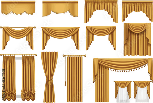 Collection of elegant golden drapes and curtains for interior design and decor