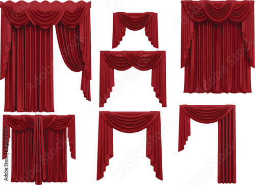 Collection of elegant red velvet drapes and window treatments with ornate swags