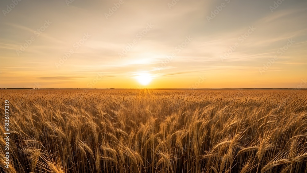 Obraz premium Golden wheat field at sunset, ripe cereal crop under a warm evening sky, agricultural landscape with sun flare over grain stalks isolated PNG with Transparent Background
