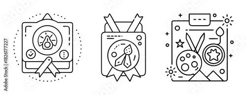 Creative excellence badges and achievement awards line icons