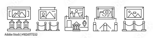Museum and art gallery exhibition line icons set featuring art