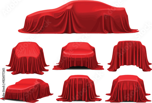 Collection of vehicles and furniture covered in luxurious red velvet fabric
