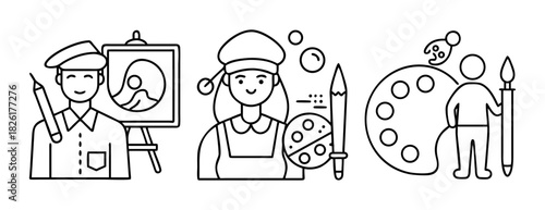 Line art icons of artists, painters, and their creative tools