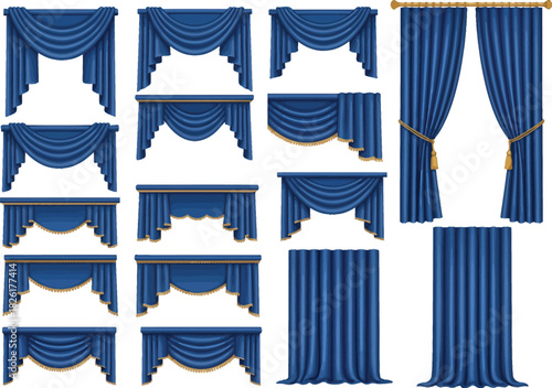 Collection of elegant royal blue draped curtains and window treatments