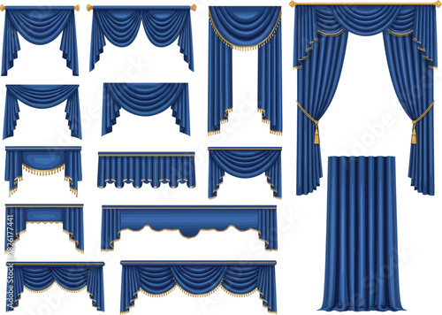 Collection of elegant royal blue drapery and window treatments in various styles