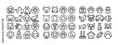 Pet animals and accessory line art icon set for veterinary needs