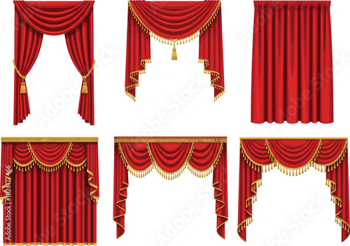 Collection of luxurious red velvet stage curtains with ornate gold trim and tassels