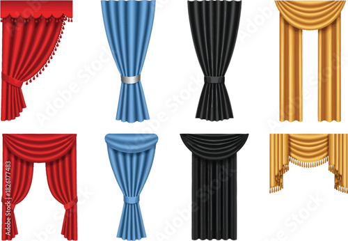 Collection of elegant draped curtains in red blue black and gold colors