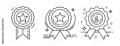 Award badge with star and number one rating line art icons set