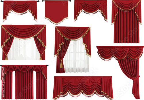 Collection of luxurious red velvet drapes and curtains with ornate trim and tassels