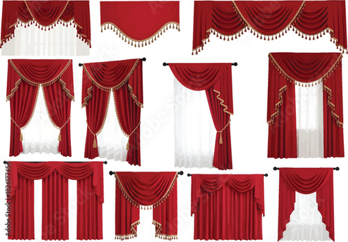 Collection of elegant red velvet curtains and drapes with ornate gold trim and tassels
