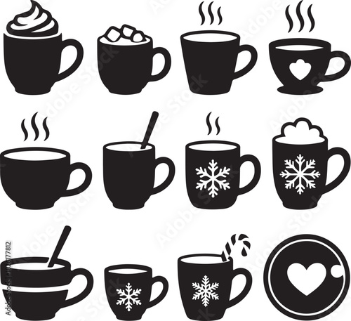 Collection of festive and cozy drink mugs black vector illustration