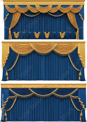 Three ornate theatrical stage curtains with golden trim and blue drapes