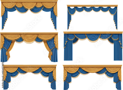 Six ornate theatrical stage curtains with golden trim and blue drapes