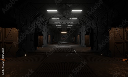Command center walkway military base in dark scene 3d rendering sci-fi wallpaper background