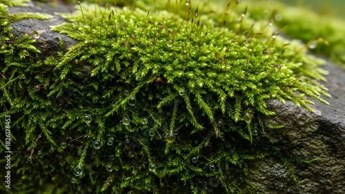 Detailed close up of green moss with water droplets on rock in natural environment