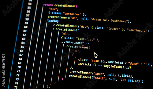 Real-time generated written computer source code in closeup shot on monitor - white letters running on black background - concept of digitization, science, research and course of a program script