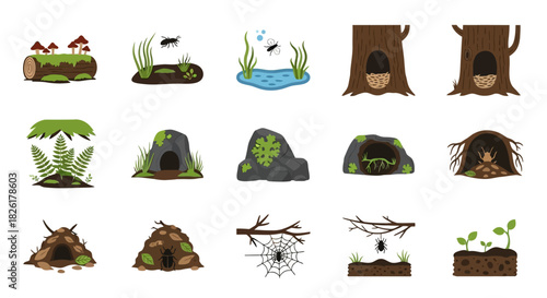Collection of various natural habitats and homes for animals.