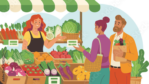 Woman selling fresh vegetable produce to a couple at an outdoor market stall