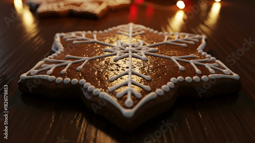 Gingerbread Cookie Star Decorated With White Icing On Wooden Table Close Up View