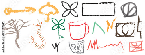 Vibrant abstract hand-drawn doodle and scribble collection featuring whimsical arrows, zigzag patterns, geometric sketches, and bold marker strokes for creative artwork