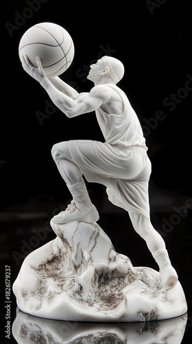 A white marble sculpture of a male basketball player in mid-action, holding a basketball above his head, standing on a rocky base. The sculpture is lit dramatic