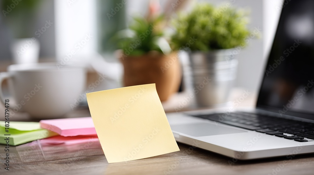 Fototapeta premium single yellow sticky note rests against open laptop keyboard beside colorful memo pads white mug and potted green plants on wooden desk