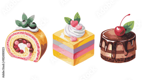 Watercolor illustration of three different delicious pastry desserts isolated on