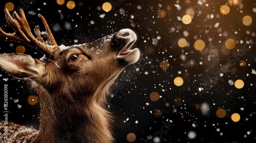 Majestic Deer in Snowfall with Gold Bokeh Background