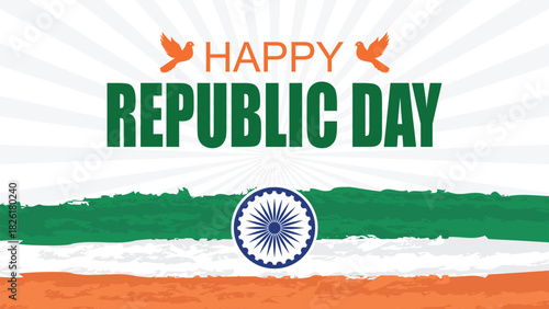 Happy Republic Day greeting card with Indian flag colors and birds.
